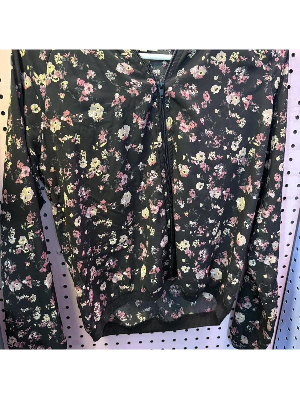 Maurice’s size small black floral zip up sheer bomber size small